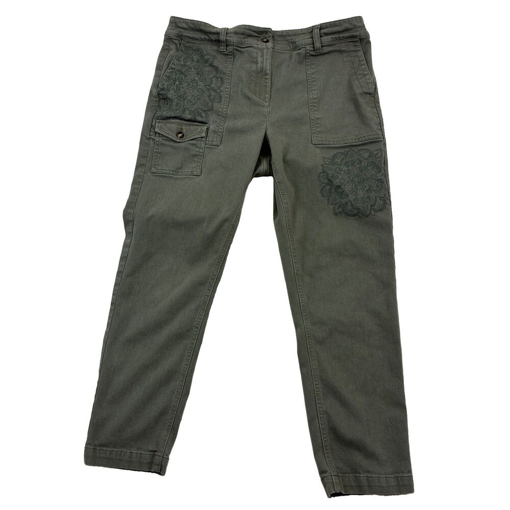 J. Jill Cargo Pants Women 12P Gray Green Embroidered Straight Leg Pockets Flower